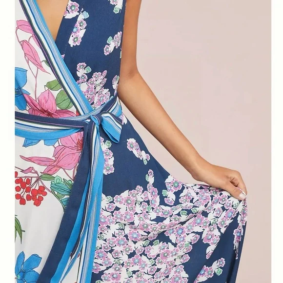 Maeve Anthrolpologie Faux Wrap Mixed Print Sleeveless Dress Floral Blue Size 4 - Picture 3 of 11